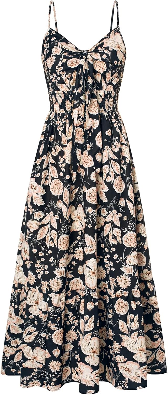 Summer Maxi Dress Floral Tie Front Spaghetti Strap Casual Style