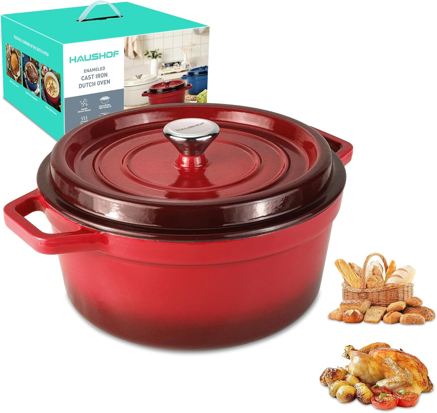 HAUSHOF 5.3QT Enameled Cast Iron Dutch Oven for Cooking