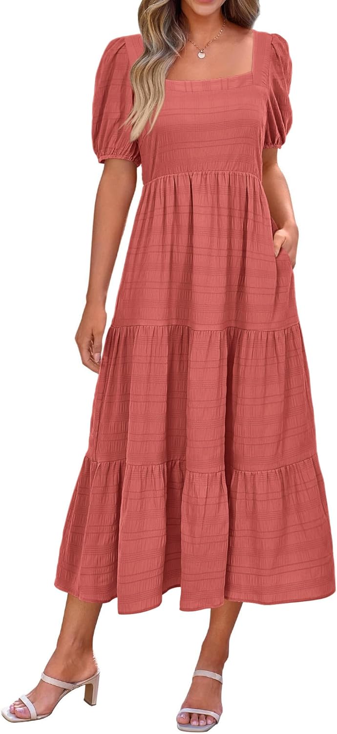 PRETTYGARDEN Women's Summer Dresses 2025 Puff Sleeve Midi Dress