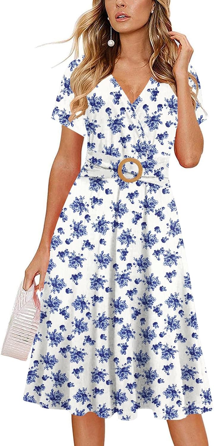 Elegant Criss-Cross V Neck Vintage Short Sleeve Dress with Pockets