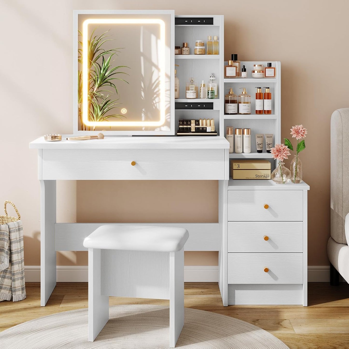 Vanity Desk with Mirror and Lights for Makeup and Storage