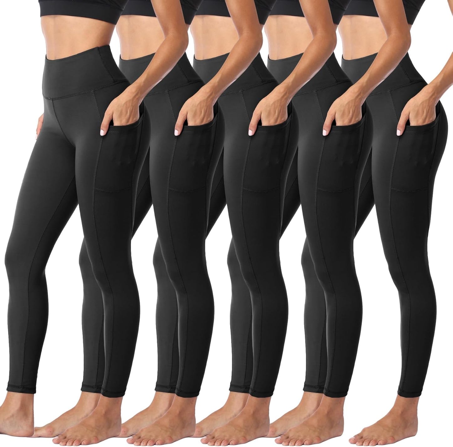Sundwudu 5 Pack Leggings with Pockets for Women - Tummy Control