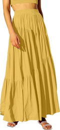 Womens Boho Elastic High Waist Pleated A-Line Maxi Skirt - Flowing