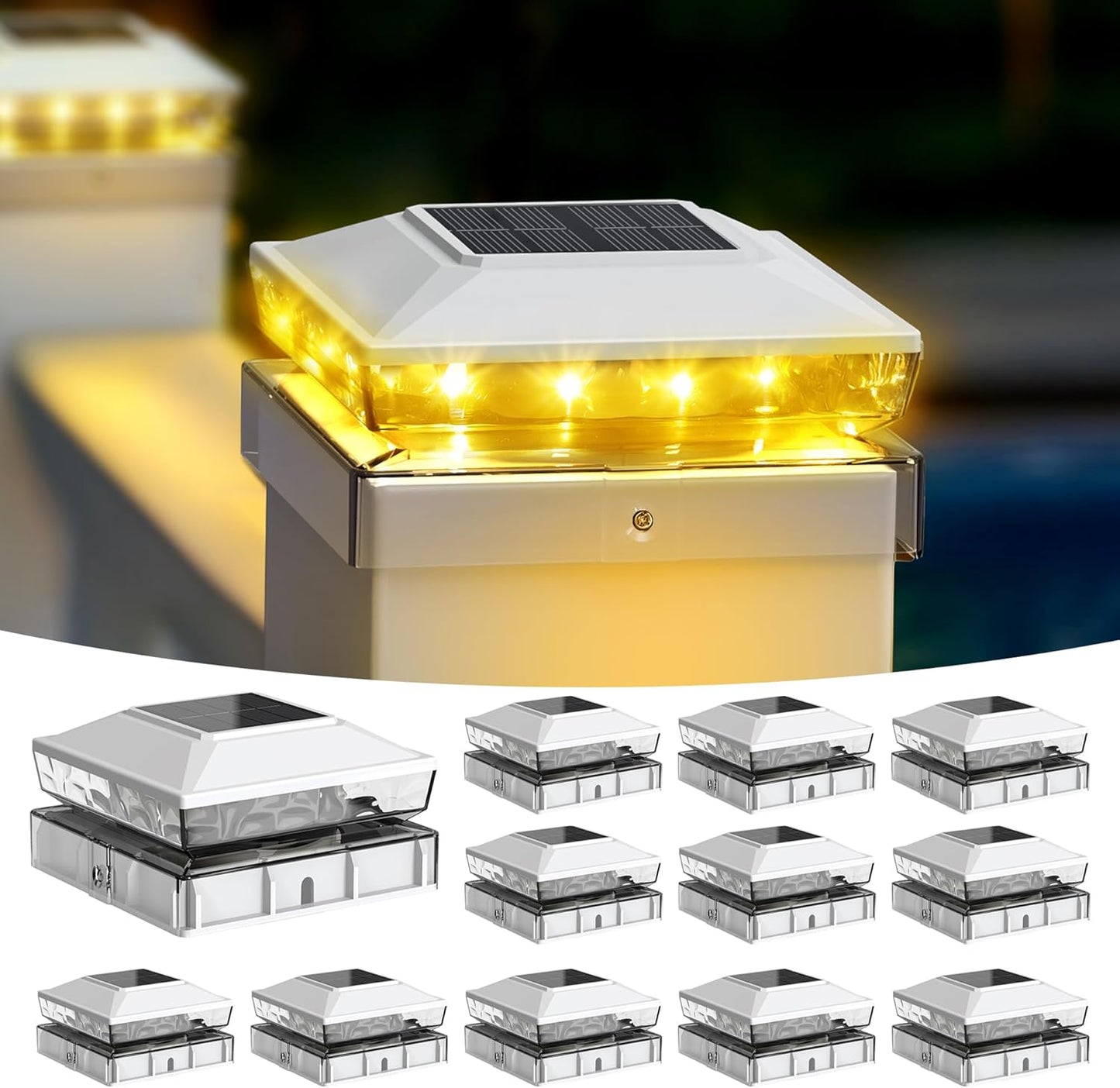 Solar Post Cap Lights for 4x4 5x5 Decks - 12-Pack Waterproof