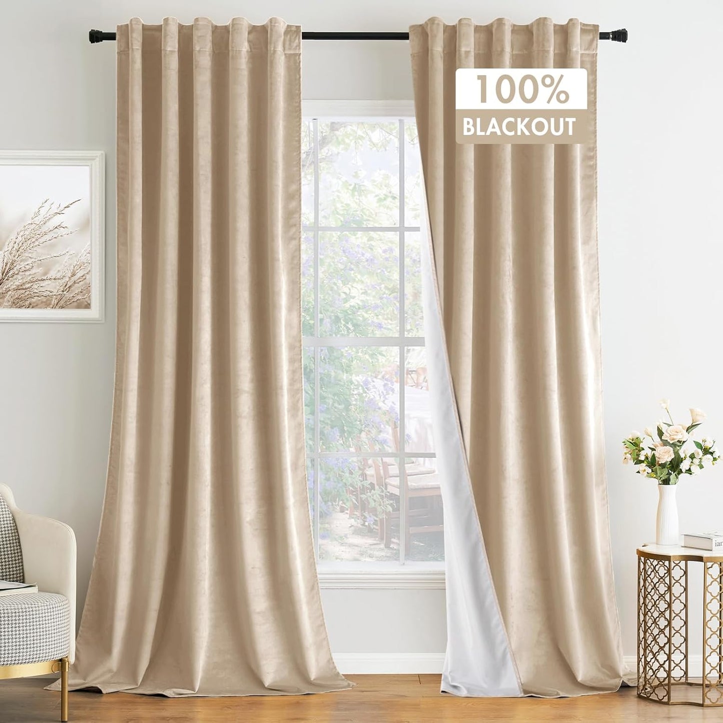 MIULEE Beige Velvet Blackout Curtains 108 - Luxurious Full Room Darkening