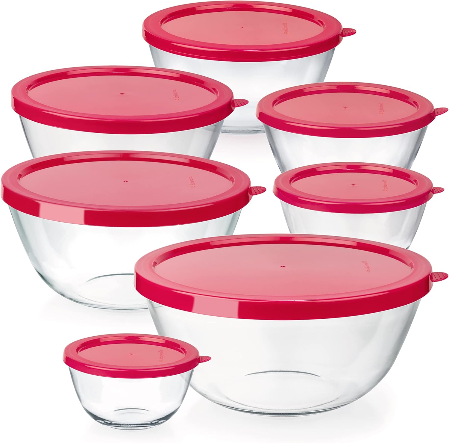 Stackable Space-Saving Nesting Glass Bowls with Pink Lids