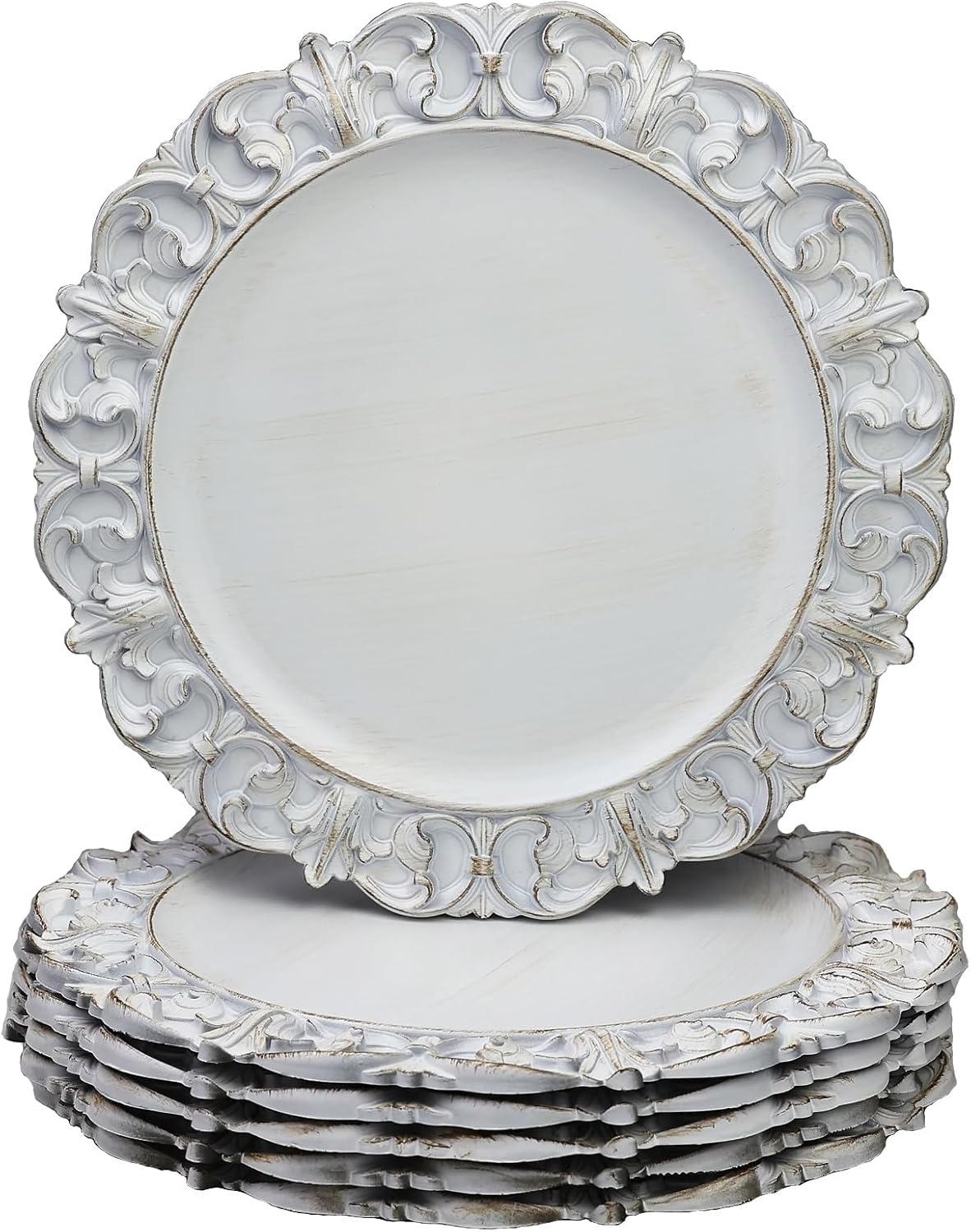 Set of 6 Antique White Charger Plates - Elegant Textured Table Decor
