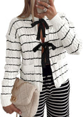 Striped Tie Front Cardigan Sweater - Cozy Cable Knit Style