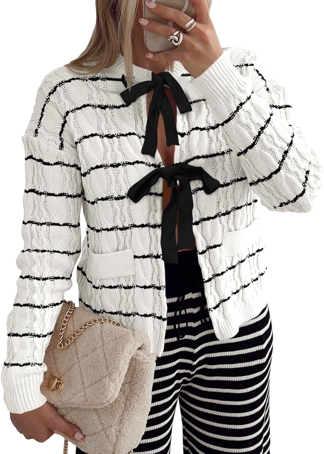 Trendy Womens Striped Tie Front Cardigan Sweaters for Fall