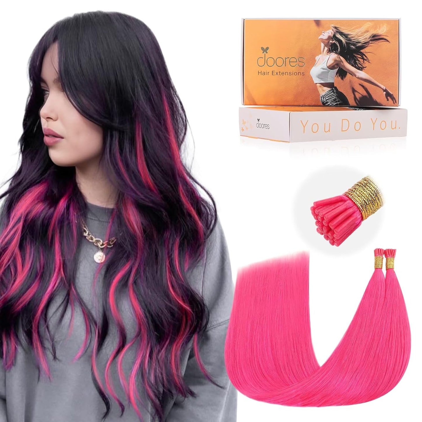 Hot Pink 22 Inch I-Tip Real Human Hair Extensions by Doores