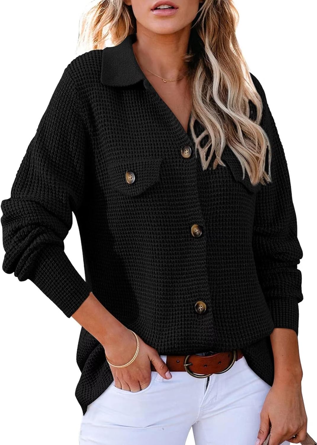 Astylish Women Waffle Knit Sweater Shacket for Fall Fashion