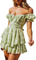 Women Off Shoulder Boho Chiffon Romper - Ruffle Floral Summer