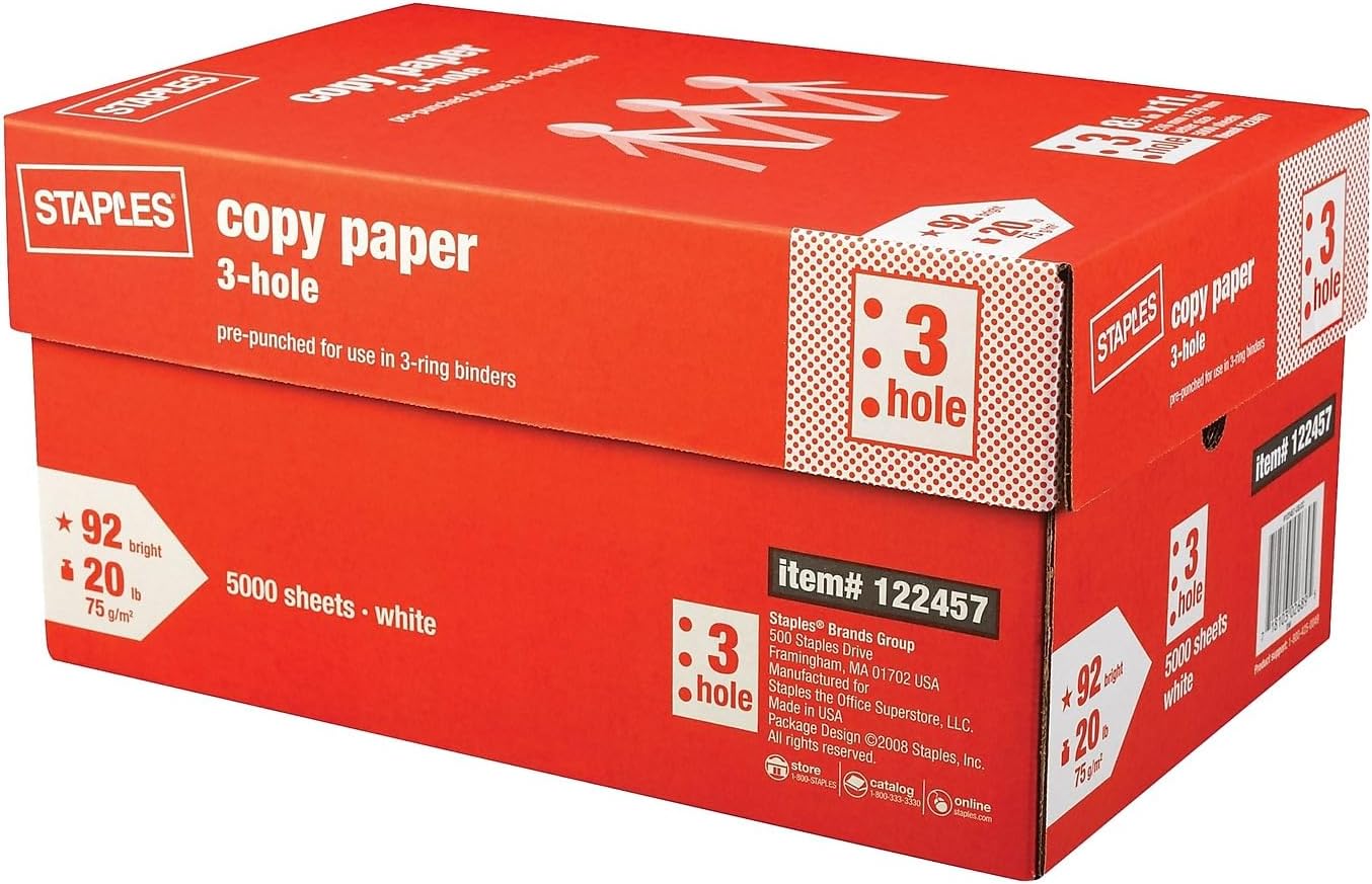 STAPLES Copy Paper, 3-Hole Punched for Easy Organization!