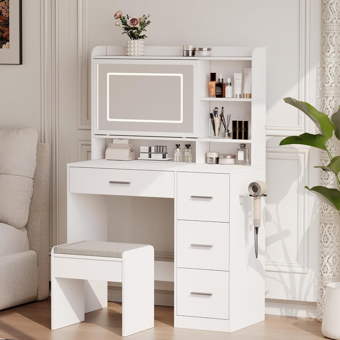 White Vanity Desk Set with Adjustable Lighting