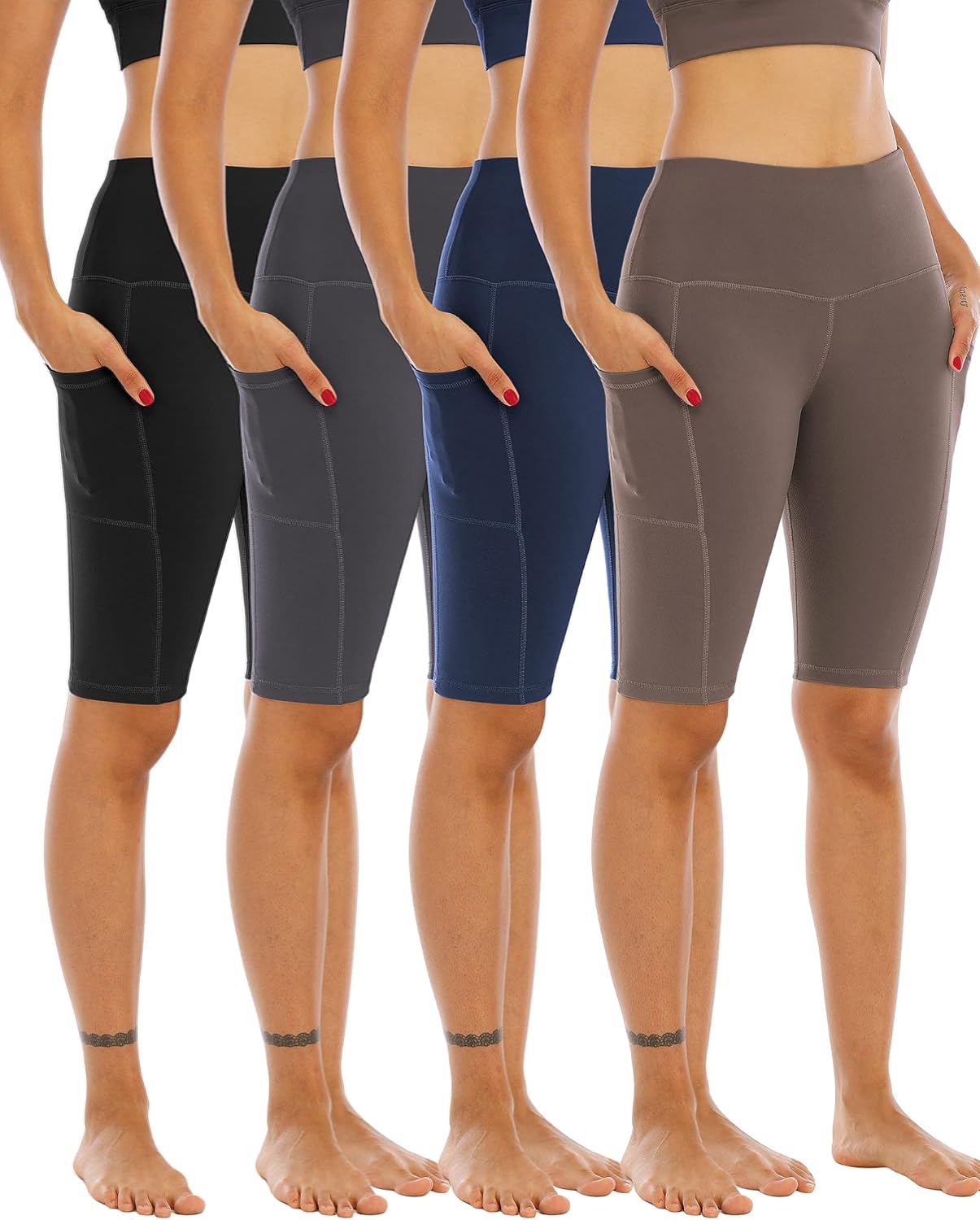 Biker Yoga Shorts with Pockets for Women - 4 Pack High Waisted