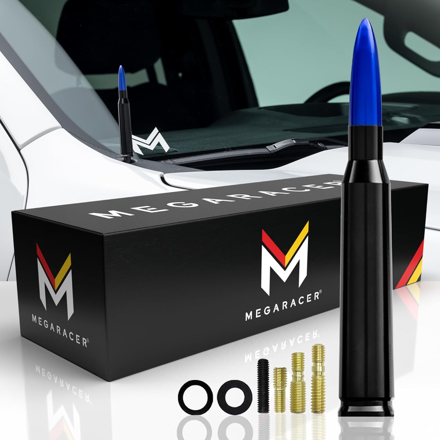Mega Racer Black Base Blue Tip Antenna for Trucks Cars SUVs