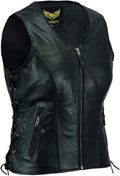 Leatherick Women Top Grain Buffalo Black Leather Vest - Classic Biker