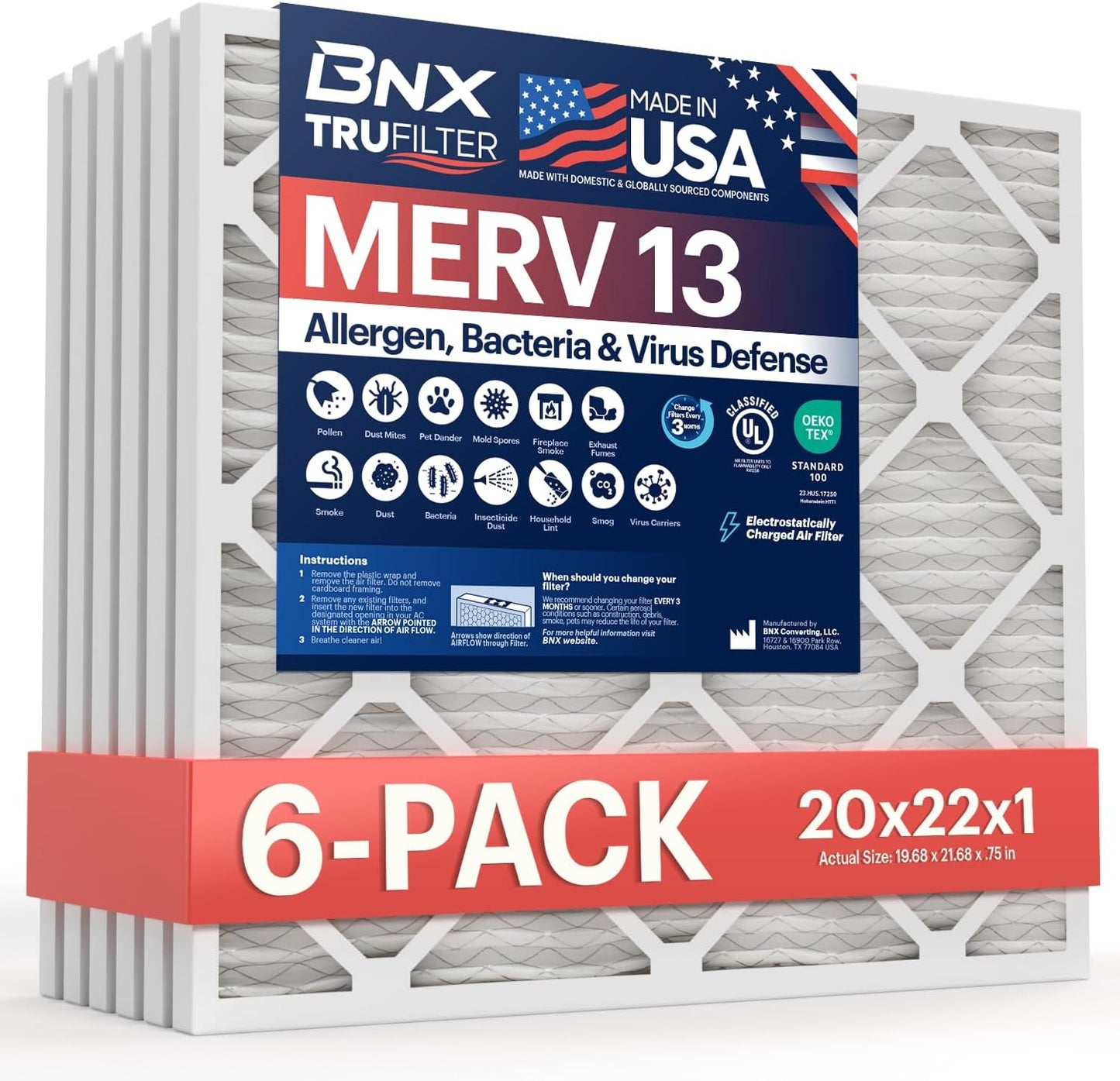 BNX TruFilter 20x22x1 MERV 13 Air Filter for Cleaner Air