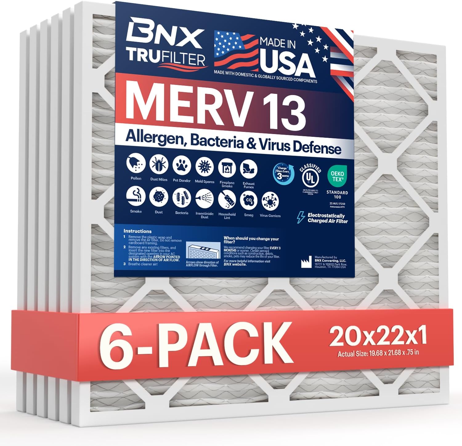 BNX TruFilter 20x22x1 MERV 13 Air Filter for Cleaner Air