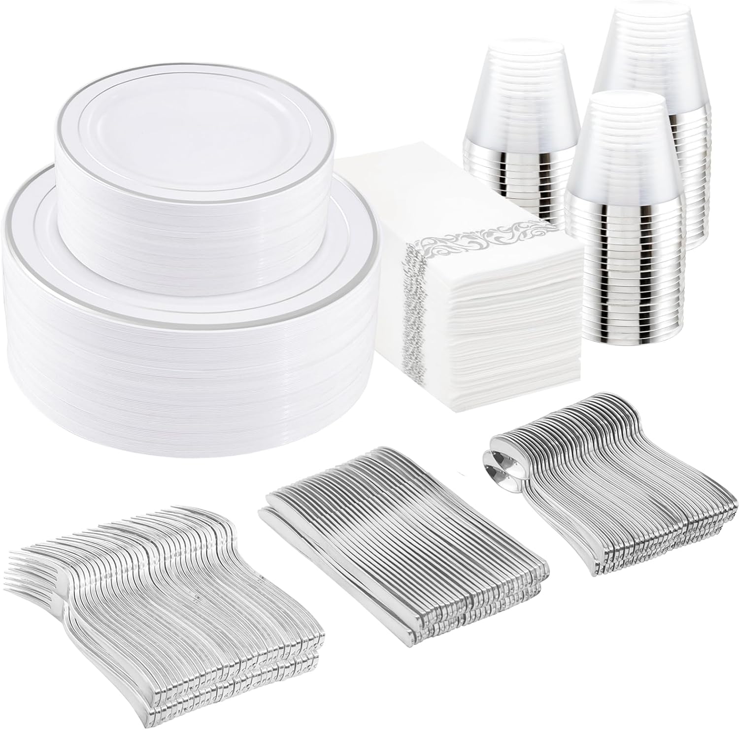 350Pcs Silver Plastic Dinnerware Set for Elegant Parties