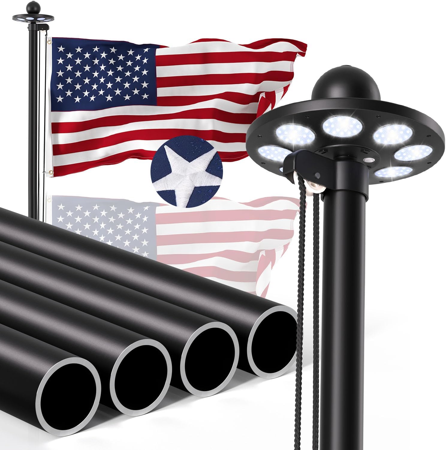 Heavy Duty Flag Pole Kit with 136 LED Solar Light for Outdoors