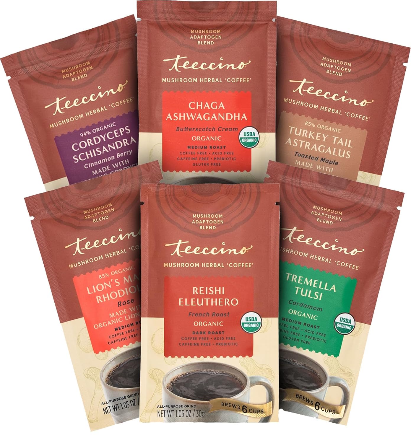 6 Trial-Size Mushroom Herbal Coffees Sampler by Teeccino