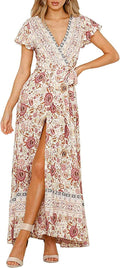 ZESICA Women's Bohemian Floral Printed Wrap Maxi Dress