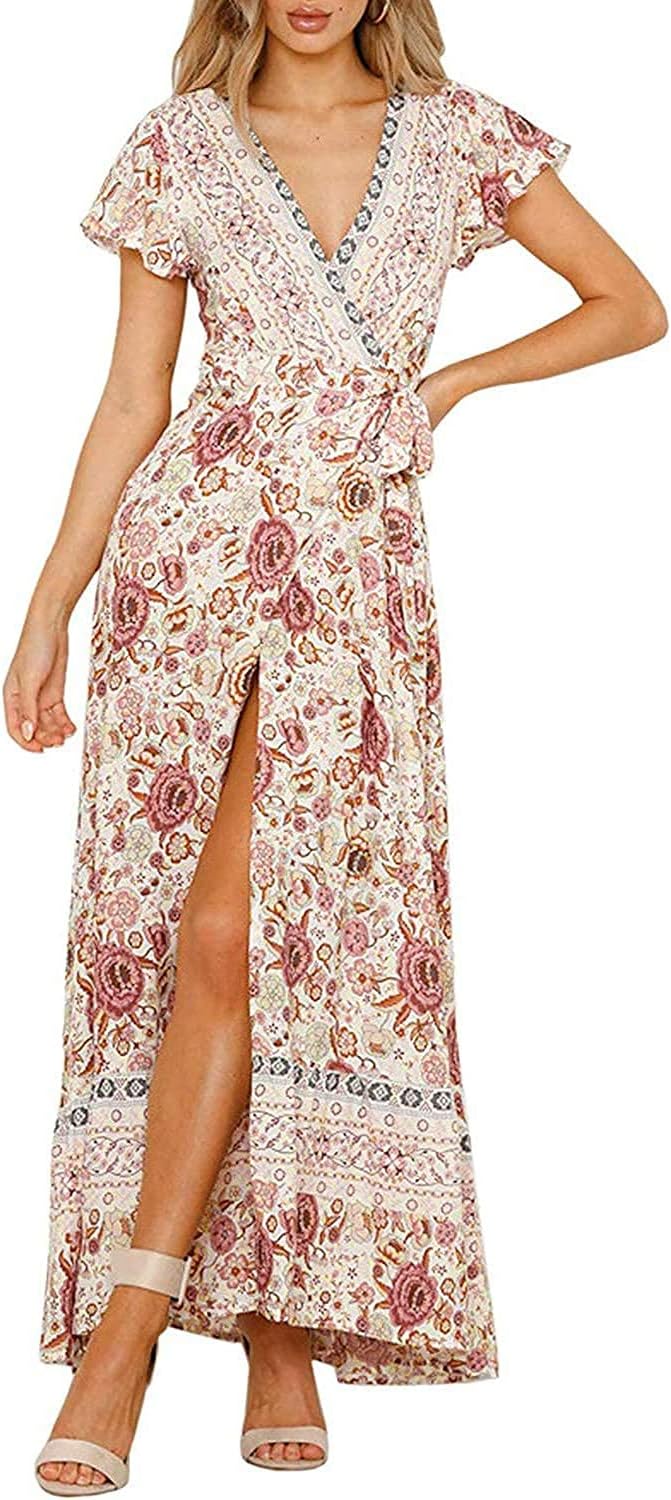 ZESICA Women's Bohemian Floral Printed Wrap Maxi Dress