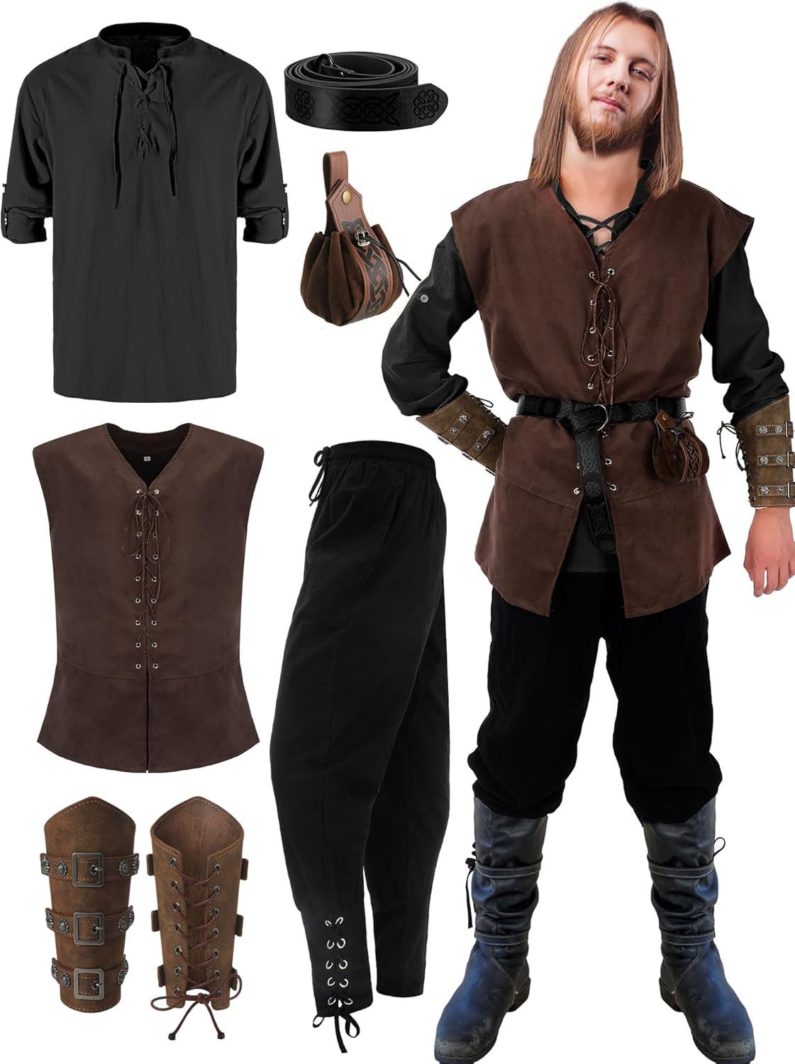 Suhine 6 Pcs Men's Halloween Renaissance Costume Set for Cosplay