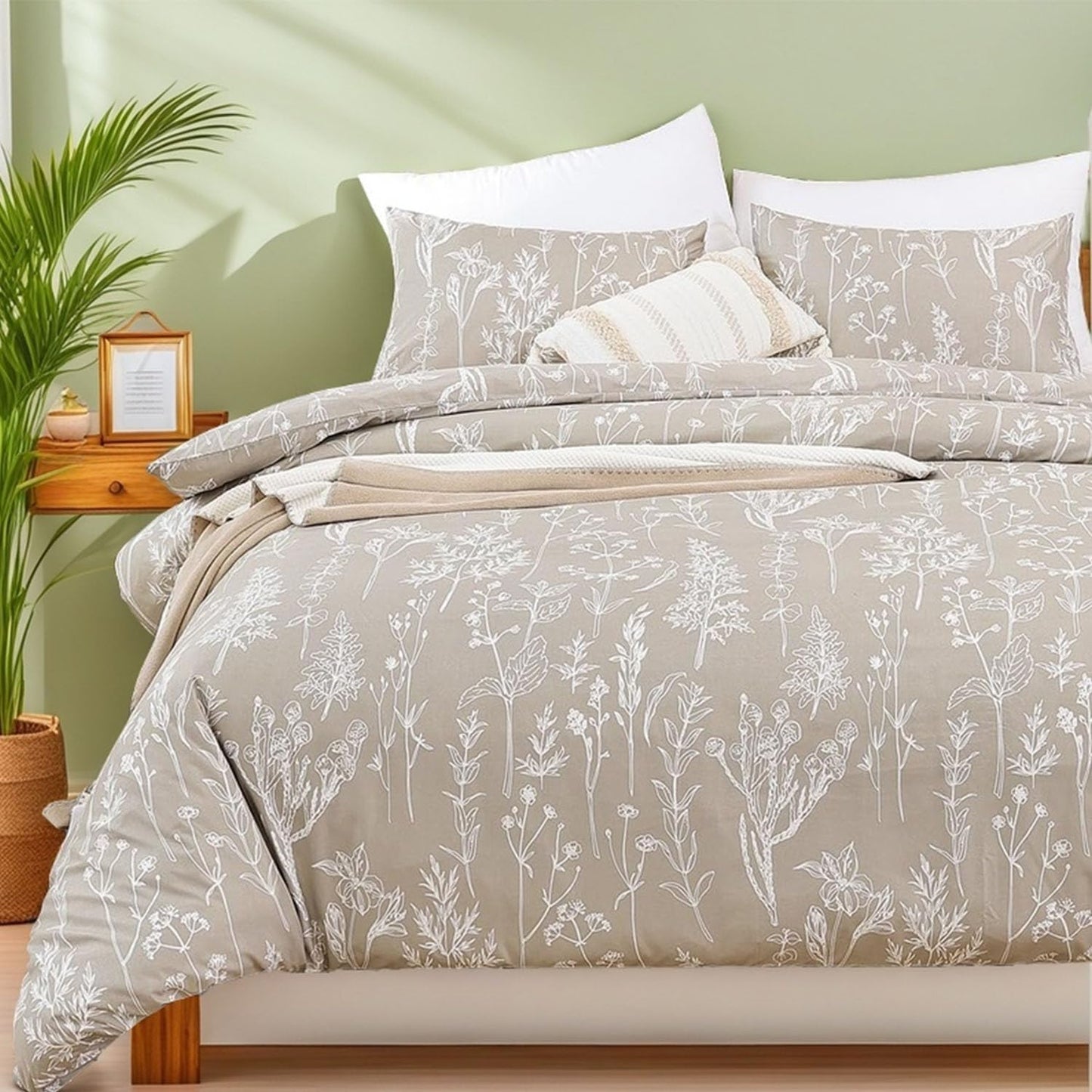 JANZAA Full Comforter Set Oatmeal Floral Bedding 3 Pieces