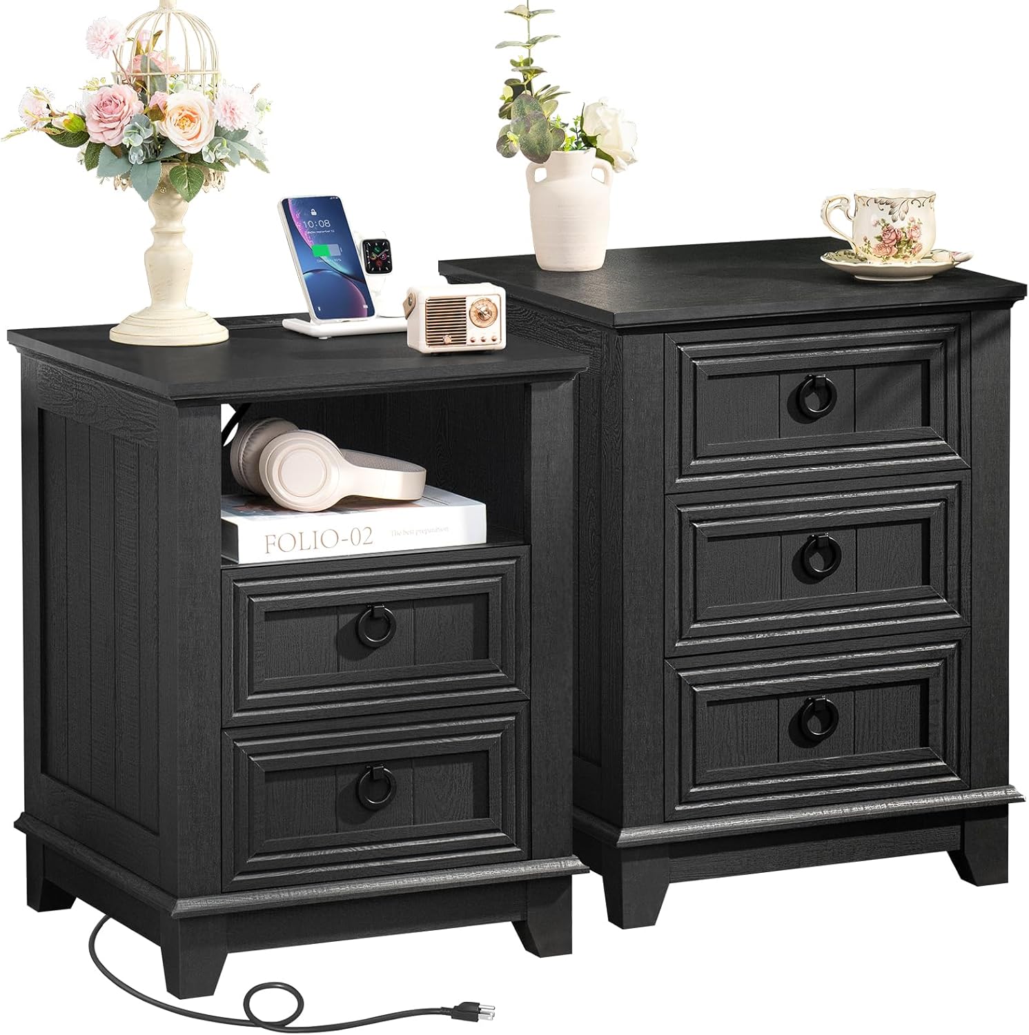 18 Inch Night Stands Set of 2 with Charging Station for Bedroom