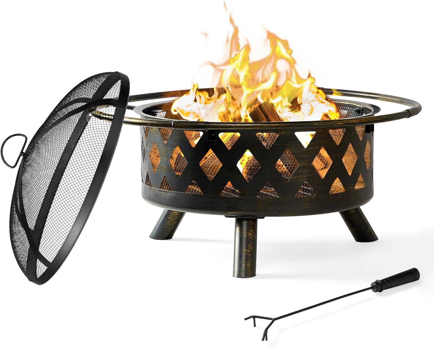 Aoxun 30in Outdoor Fire Pit with Spark Screen for Backyard Fun