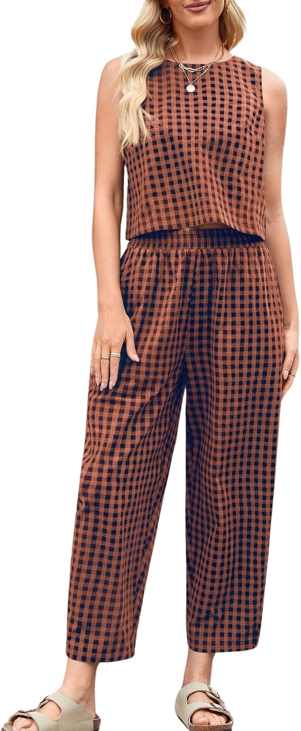 Womens Cotton Checker Set 2 Piece Beach Vacation Outfit
