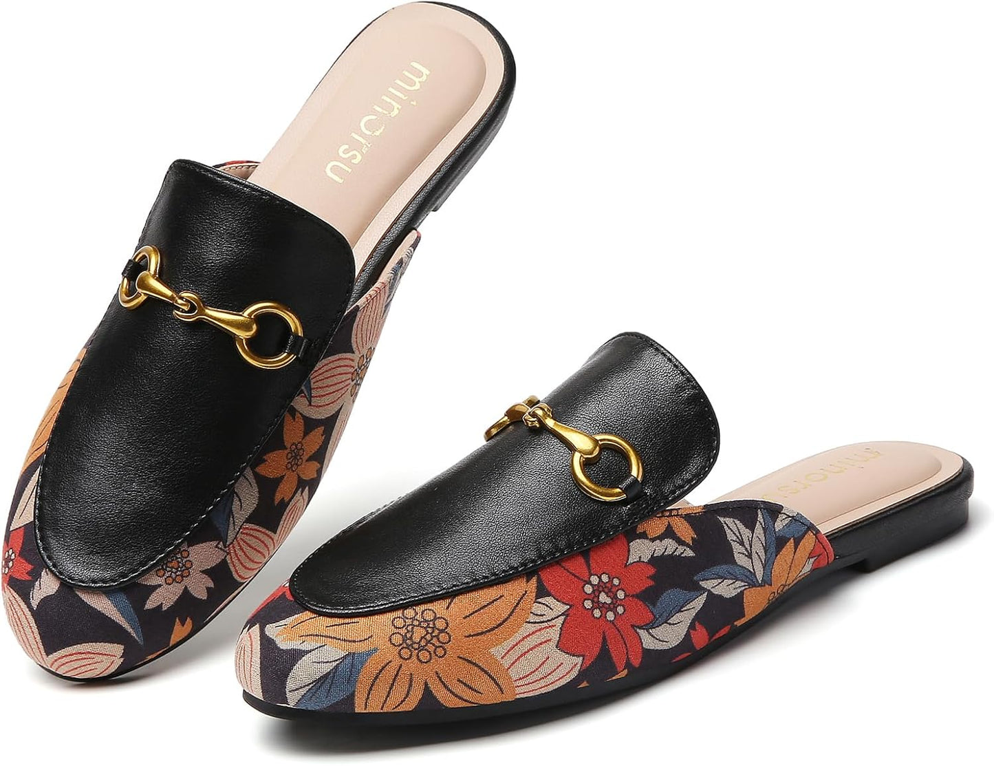 Minorsu Women's Black Animal Print Buckle Mules for Comfort