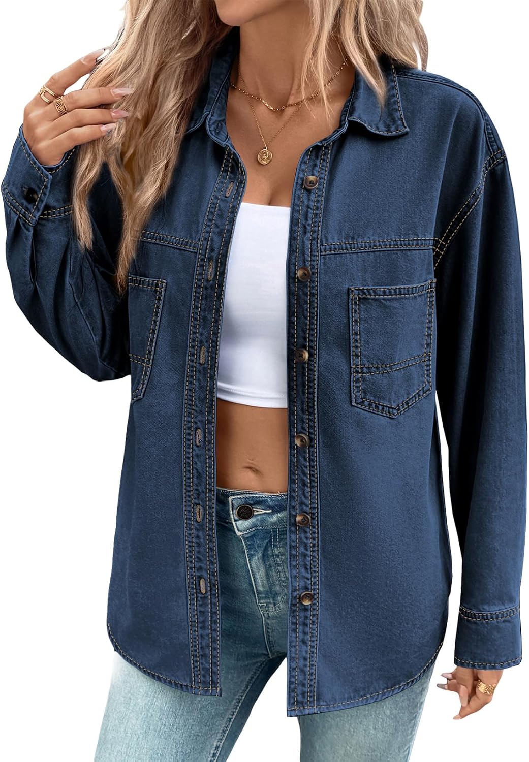 Trendy Oversized Denim Shirt for Women - Casual Button Down Top