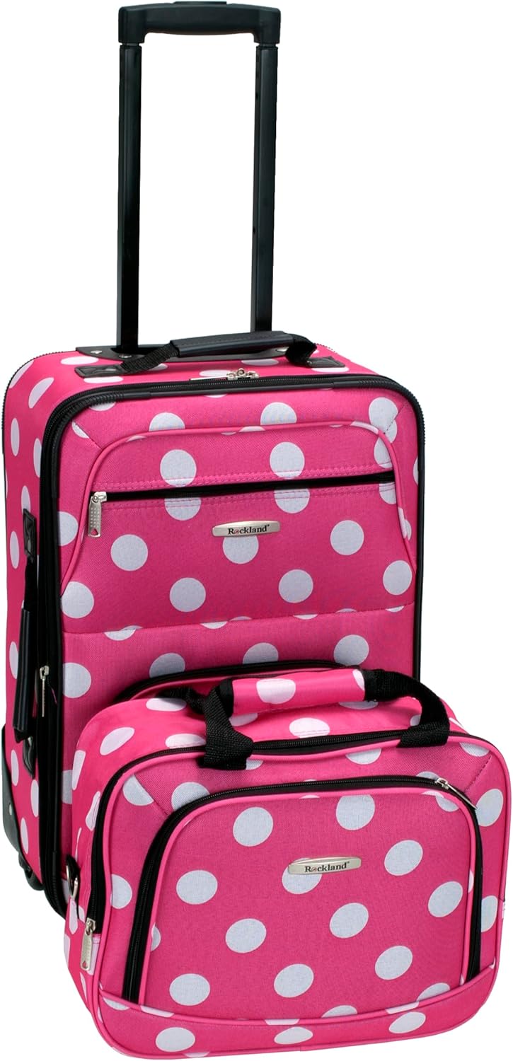 Rockland Fashion Softside Luggage Set with Pink Dots Design