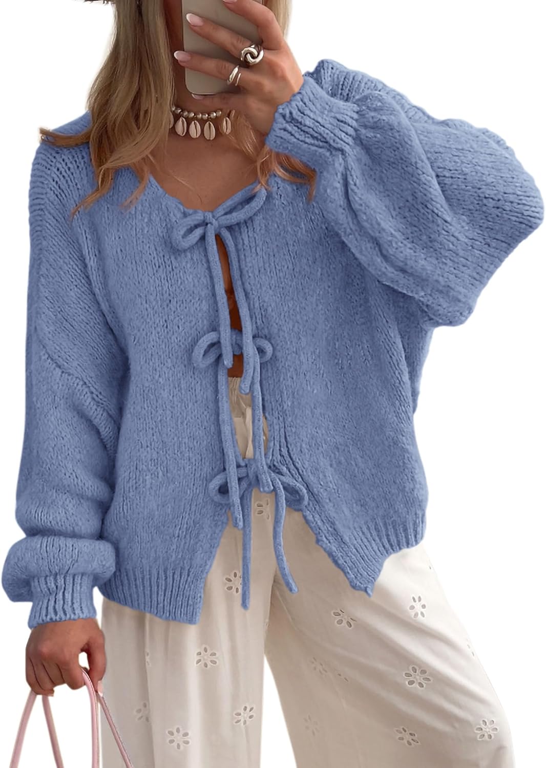 PRETTYGARDEN Women's Tie Front Bow Cardigan Sweaters for Fall