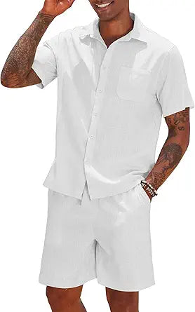 COOFANDY Men 2 Piece Linen Set Casual Short Sleeve Shirt and Short