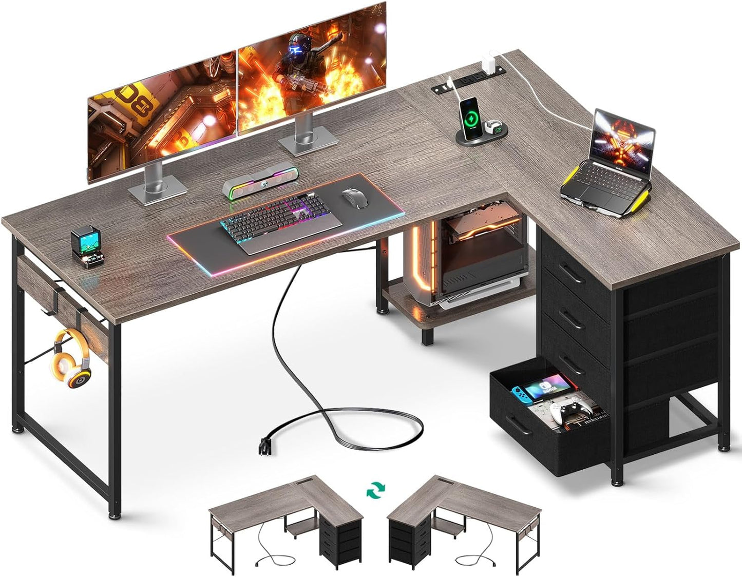 61 Reversible Gaming Desk with Power Outlets