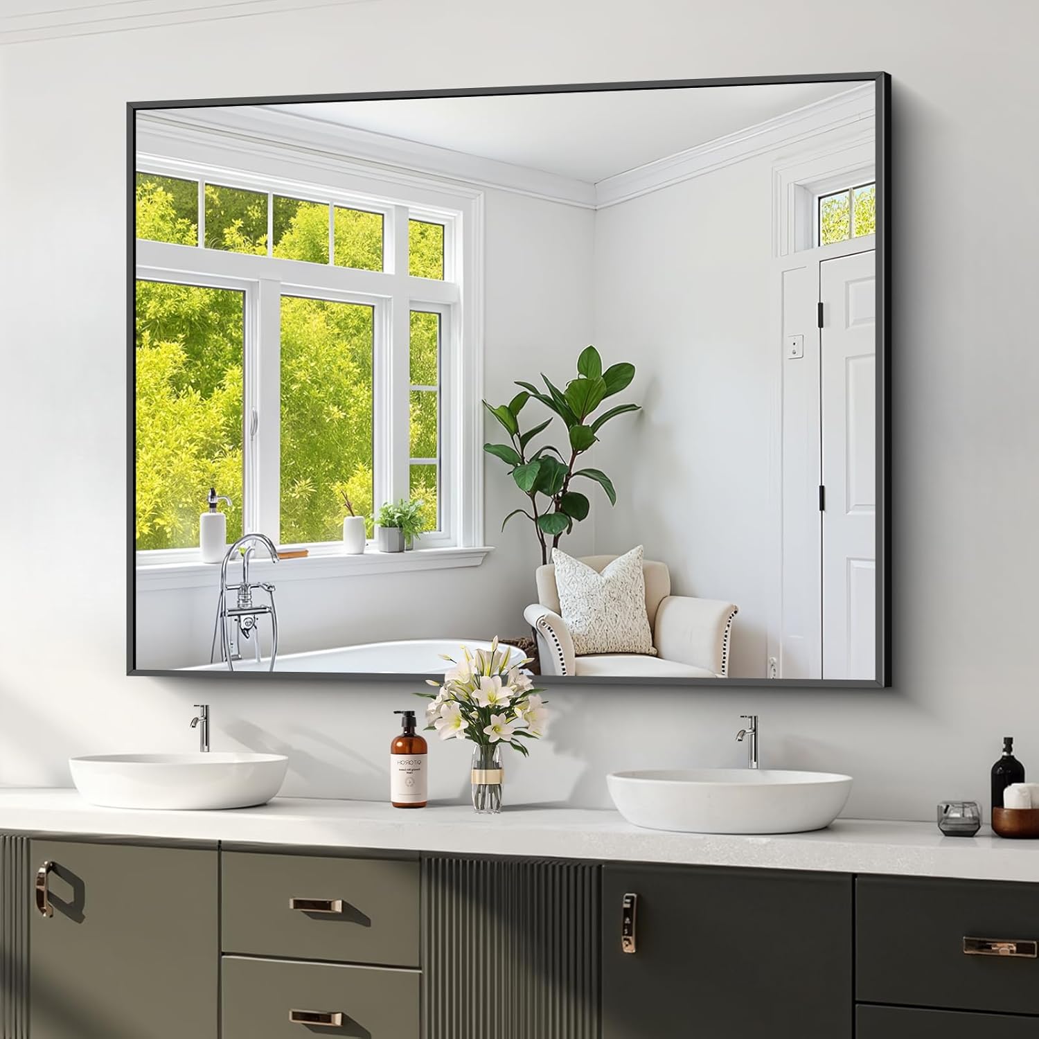 Koonmi Black Framed Bathroom Mirror - Shatterproof 36x48 in