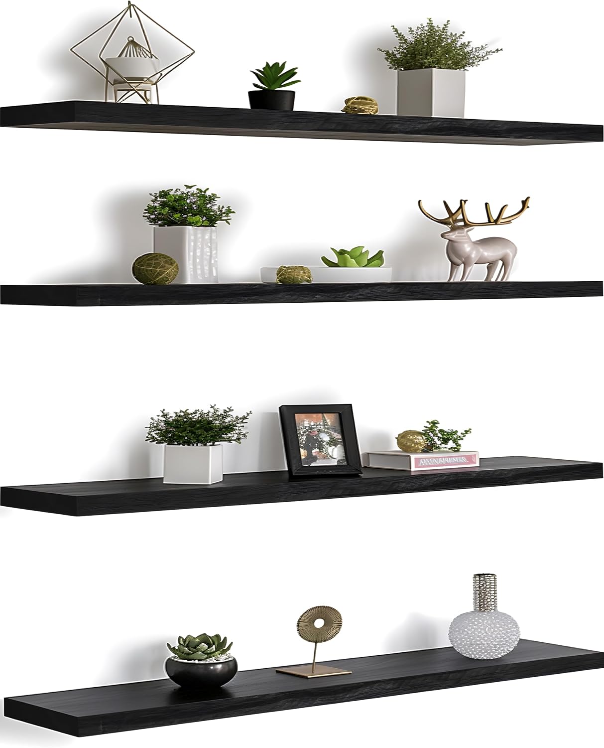 48 Inch Wood Floating Shelves for Wall - Set of 4 Black Shelves