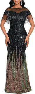 Cololura Sexy Sequin Tassel Mesh Perspective Maxi Dress