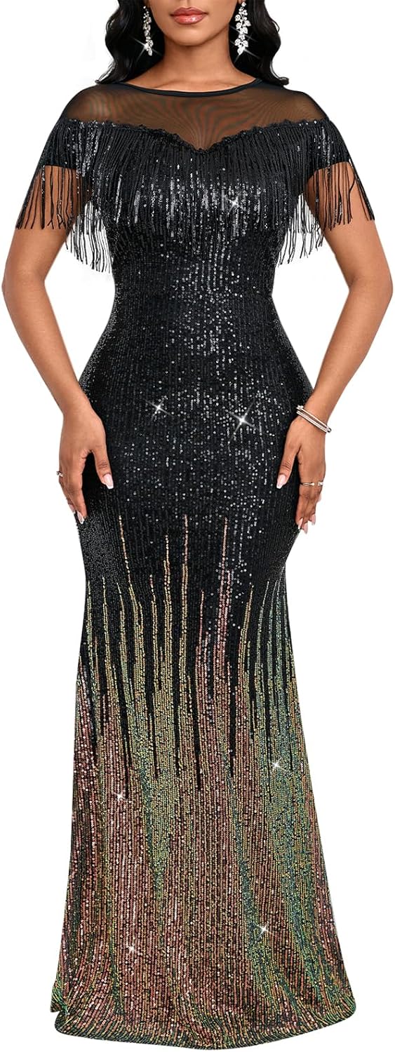 Cololura Sexy Sequin Tassel Mesh Perspective Maxi Dress