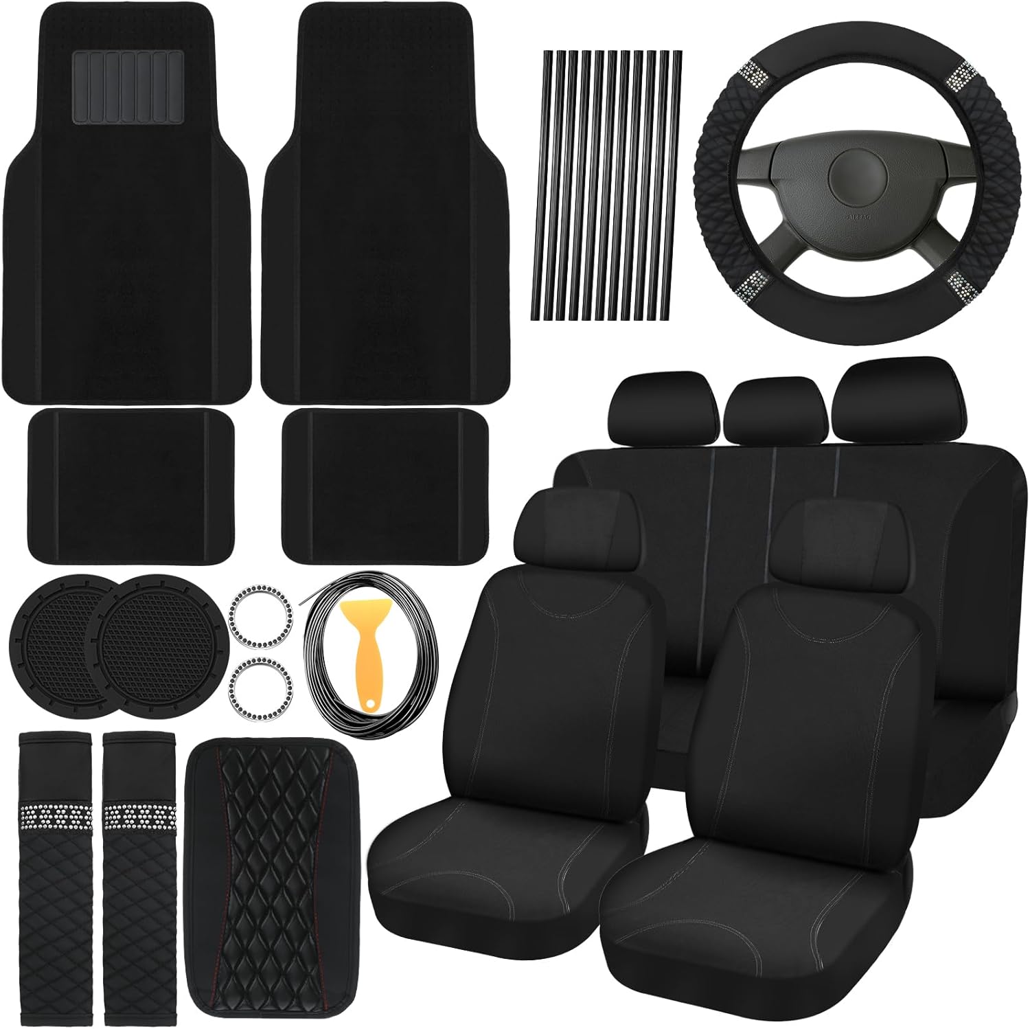 Bling Car Accessories Set for Women - 43 Pcs Full Crystal Decor
