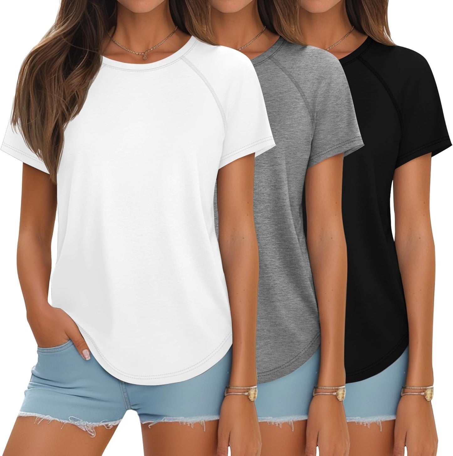 Ficerd 3 Pcs Women Short Sleeve Shirts for Summer Style
