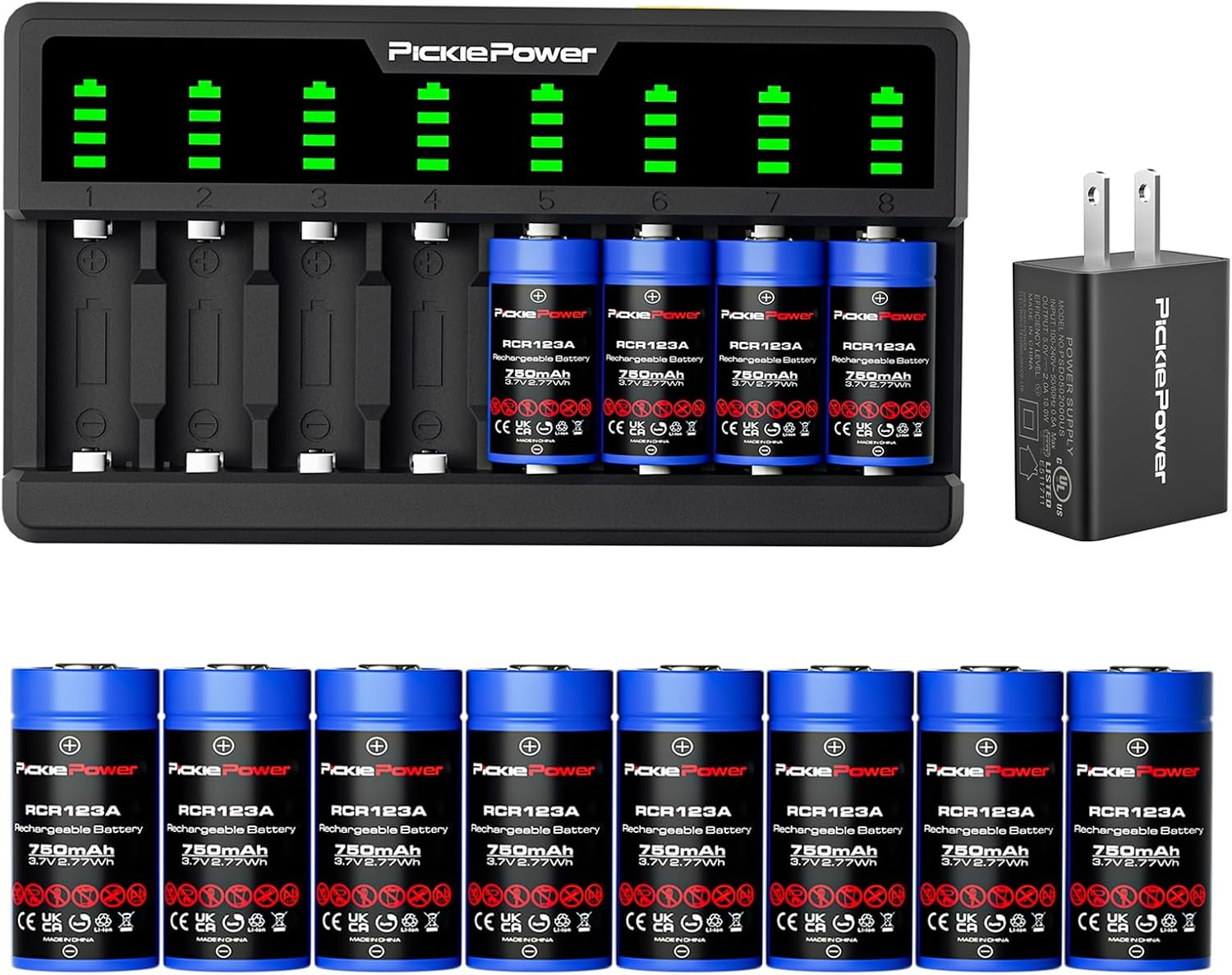 Pickle Power 123A Rechargeable Batteries with 8-Slots Charger