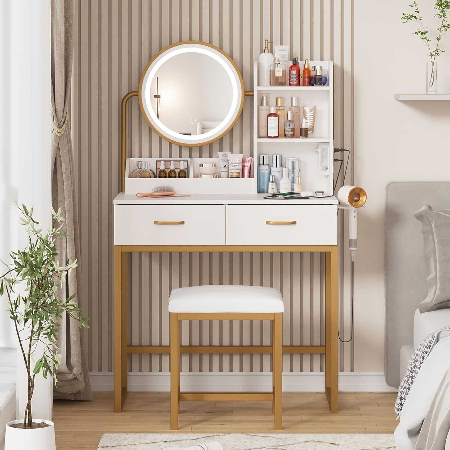 Elegant White Makeup Vanity with Round Mirror and Lights