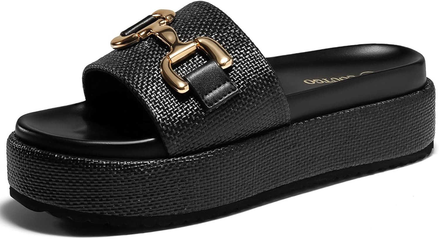 Coutgo Womens Platform Sandals with Raffia and Metal Chain