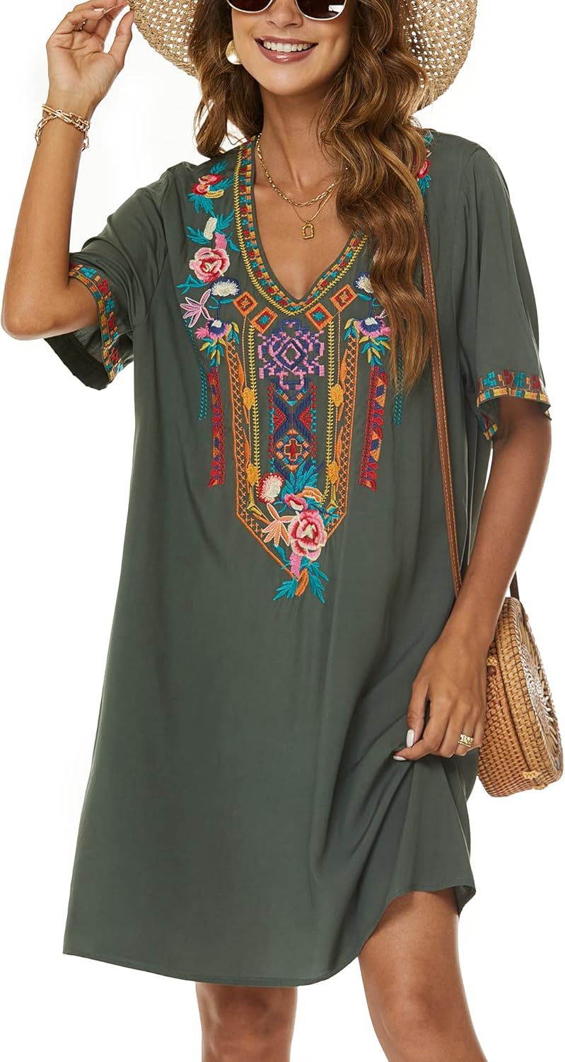 Grosy Women's Embroidered Mexican Peasant Dresses for Summer