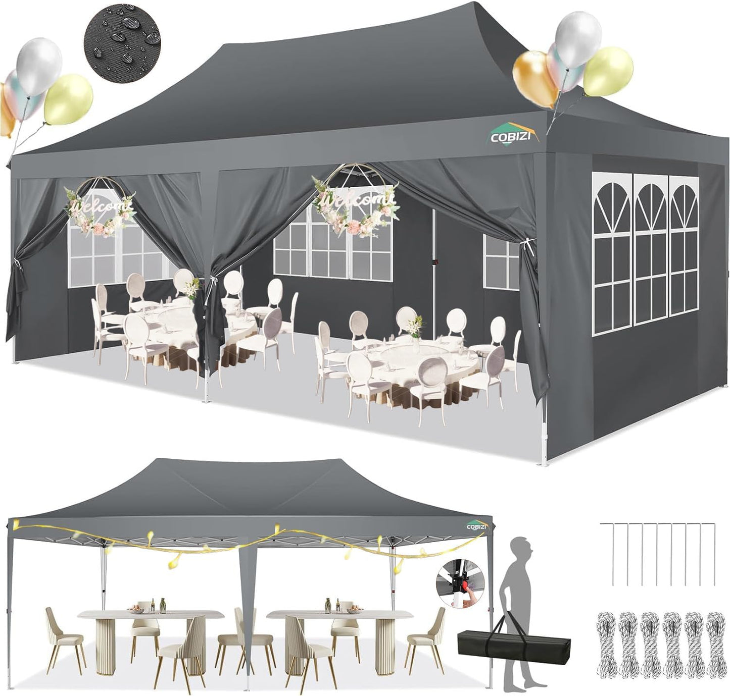 10x20 Pop Up Canopy + 6 Sidewalls - Waterproof & UV-Resistant